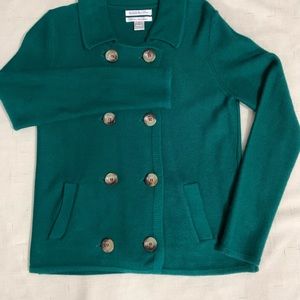 Vtg Susan Bristol double breasted Merino wool cardigan collared sweater green M
